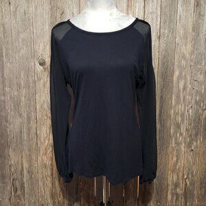 BCBG Women's Top Blouse L Black Sheer Long Sleeves Stretch Knit Large